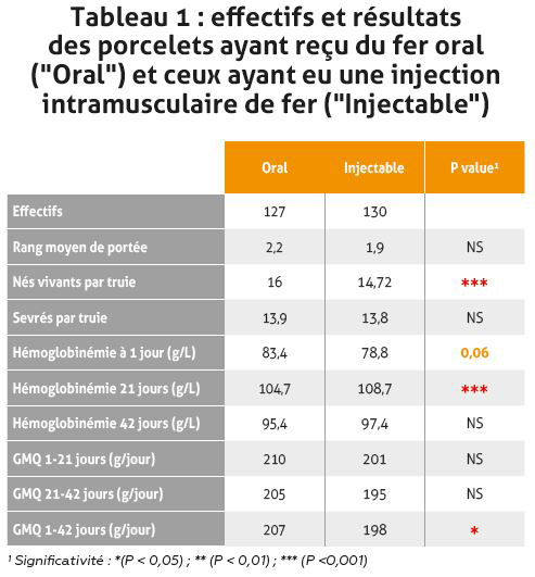 tableau effectif et résultats porcelets apport fer